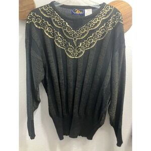 VTG 80s 20 Ans Lace Bib Retro Evening Knits Sweater Black Gold Metallic Lurex